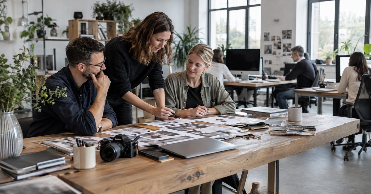 Kreativteam bei der gemeinsamen Projektarbeit in einem hellen Büro